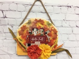 Hello Fall dog Sign wood floral orange 9x11 handmade hanging wall New - £11.82 GBP