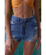 Women&#39;s Ripped High-waist Front Zip-up Raw Hem Detail Distressed Mini Sh... - $21.60