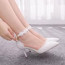 Large Size Women&#39;s White Lace High Heels Banquet Wedding Pumps Bridal Sandals Po - £48.17 GBP