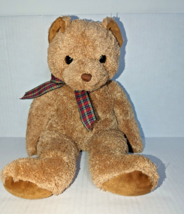 TY Beanie Plush 14 In. Stuffed Animal Teddy Bear Vintage 2002 Brown Plaid Bow - £11.38 GBP