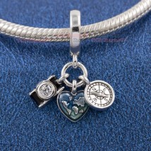 2023 Release 925 Sterling Silver Camera, Heart &amp; Compass Triple Dangle Charm - £13.99 GBP