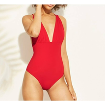 Sunn Lab Swim One Piece Swimsuit Strappy Back Plunge Neck Red Size Medium - £19.13 GBP