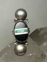 Long Navajo ring onyx turquoise mop size 7 sterling silver women - £117.12 GBP