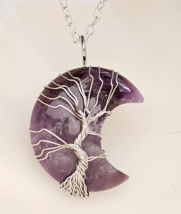 Tree of life Amethyst Moon Pendant 20&quot; Necklace Crescent Wire Wrapped Jewellery - £6.26 GBP