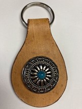 Genuine Leather round Keychain key Fob with turquoise silver concho Hand... - £3.94 GBP