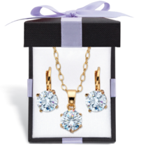 Round White Crystal Earrings Solitaire Necklace Set Goldtone - £47.20 GBP