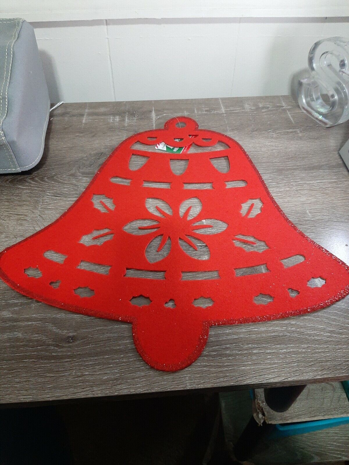 Christmas House Red Christmas Bell decoration, placemat Felt w/ Glitter-... - $12.52