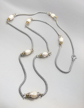 LUXURIOUS Designer 18kt White Gold Plated Box Chain Genuine Pearls Long Necklace - $39.99