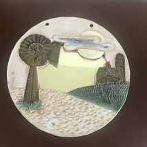 Estate Tan Round Pottery w Windmill Farm Sun &amp; Clouds Round Mirror Wall Plaque  - £15.54 GBP