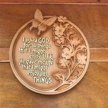Vintage Carved Faux Wood Flowers with Butterfly &amp; Religious Saying I ASK... - $19.39