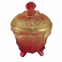 Jeannette Glass Amberina Covered Candy Jar Grape &amp; Leaf EAPG Repro 2 Pc Vintage - £11.02 GBP