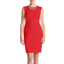 NWT-Calvin Klein ~Size 10~ Chain Neckline Ponte Red Sheath Dress Retail $134 - £51.54 GBP