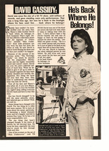 David Cassidy teen magazine pinup clipping He&#39;s back where he belongs Te... - £1.17 GBP