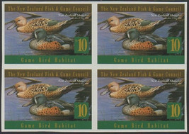 NZ Fish and Game Council 1996 $10 Shoveler IMPERFORATE block of 4 MNH - $19.25