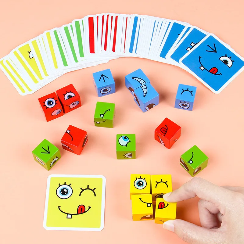 Children Emotion Change Blocks Expressions Puzzles Kids Wood Cube Table Games - £12.82 GBP