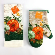 (Set of 2) Kitchen Towel &amp; Oven Mitt Painted Pumkins Autumn Fall Owned New - £9.74 GBP
