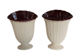 Vtg pair of ceramic Czechoslovakia cream &amp; burgundy glaze pedestal fan vases - £31.84 GBP
