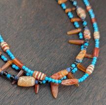 Ancient Etched Agate Bead Decorated Carnelian and Turquoise Beads 3 Neck... - $294.40