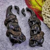 Skull Stack Biker Fake Gauges Earrings Black Horn Recycled Skull Faux Ea... - £22.35 GBP