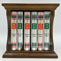 Vintage Wooden 6 Coaster Set With Bookshelf Holder Retro Encyclopedia Style - £14.77 GBP