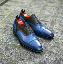 Handmade Men&#39;s Leather Blue &amp; Black Leather Oxford Patina Toe Cap Shoes-39 - £165.13 GBP