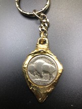 Buffalo Nickel Coin In Vintage Gold-tone Keychain Antique Coin - £17.60 GBP