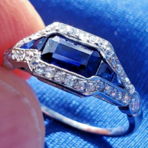 Earth mined Sapphire Diamond Art Deco Platinum Engagement Ring Antique Size 5.75 - £10,032.92 GBP