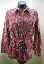 Izod Purple Pink Paisley Button-Front Belted Long Sleeve Shirt - Women&#39;s L - £12.72 GBP