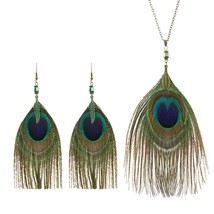 Retro Ethnic Style Jewelry Set Women Bohemian Fashion Natural Peacock Feather Ne - £10.80 GBP