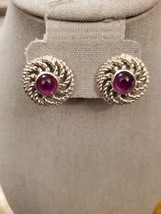 EMMONS Signed Vintage Clip Earrings Silver Tone Metal Magenta Stone - £13.35 GBP