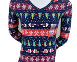 Junior Womens Christmas Print Navy Blue Long Sleeve Fitted V Neck Shirt ... - $8.02