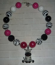 Zebra Enamel &amp; Rhinestone Pendant On Chunky Bubble Gum Bead Necklace for Girls - £15.81 GBP