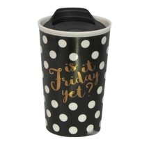 Is It Friday Yet? Black &amp; White Polka Dot Ceramic Travel Cup - £9.59 GBP