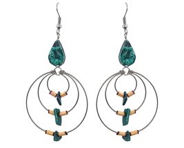 Teardrop Gemstone Cabochon Triple Wooden Bamboo Chip Metal Hoop Dangle Earrings  - $17.81