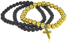 Conjunto de Tres Negro Lava &amp; 18K Oro P Inoxidable Cuentas Sagrada Cruz ... - $29.99