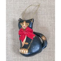 Vintage Pleather Black Brown Plush Kitty Cat Ornament Holiday Christmas Festive - £11.66 GBP