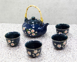 Japanese Sakura Cherry Blossom Flowers Navy Blue Ceramic Tea Pot With 4 Cups Set - £24.76 GBP
