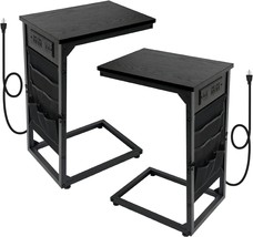 Black Amhancible C Shaped End Table With Charging Station Set Of 2, Side Table - £67.46 GBP