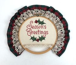 Seasons Greetings Counted Cross Stitch Wood Embroidery Hoop Lace Fabric ... - £12.46 GBP