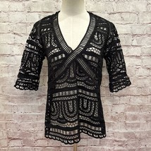 GOLDIE Womens Black Open Crochet Shirt Top V- Neck Sheer Short Sleeve Si... - $44.00