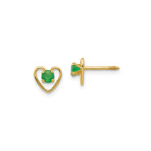 Finest Gold 3 mm 14K Yellow Gold Madi K Emerald Birthstone Heart Earring... - $173.77 CAD
