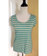 THE LIMITED Aqua Blue/Beige Stripe Metallic Shimmer Cap Sleeve Top, Hi-L... - $19.50