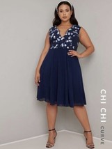 Chi Chi Curve Samar Dress Navy Blue Embroidered Floral UK Size 18 US XL 14 - $66.49