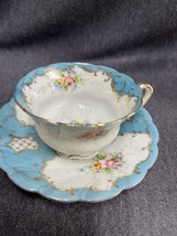 ANTIQUE Blue THIN PORCELAIN DEMITASSE CUP &amp; SAUCER SET Early Unmarked Ex... - £18.65 GBP