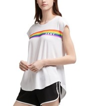 DKNY Womens Activewear Sport Rainbow Logo T-Shirt Size X-Small Color White - £24.38 GBP