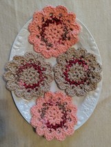 Fall Floral (Coral, Reds, Tan) Crocheted Coaster Set - £8.69 GBP