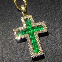 2.70Ct Princess Cut Lab Created Emerald Cross Pendant In 14K Yellow Gold Plated - £97.26 GBP