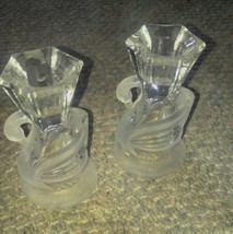 Set Pair of Frosted &amp; Clear Glass Canlde Holders Taper Candlesticks - £16.07 GBP