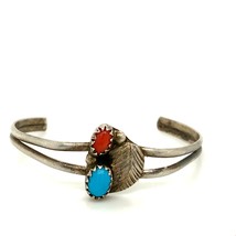 Vintage Sterling Native American Coral Turquoise Leaf Child Cuff Bracele... - $44.55