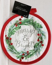 1 Printed Round Cotton Pot Holder, 8.25&quot;, CHRISTMAS WREATH, MERRY &amp; BRIG... - £6.28 GBP